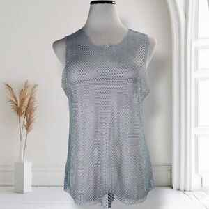 Haute Monde Rhinestone Fishnet Top Size L Light Blue Sleeveless Festival Sheer
